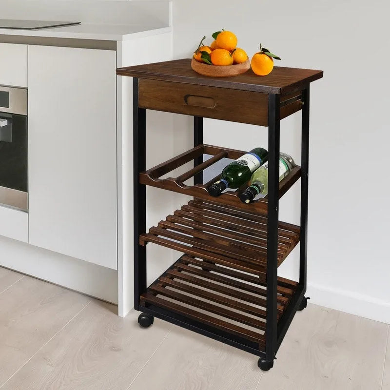 Carrello da Cucina/Servizio a 4 Ripiani in Legno Naturale con Portabottiglie e Cassetto – Montaggio 1 Persona