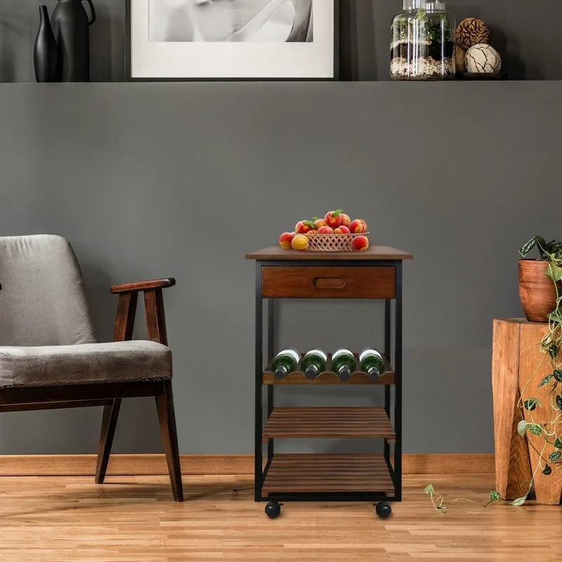 Carrello da Cucina/Servizio a 4 Ripiani in Legno Naturale con Portabottiglie e Cassetto – Montaggio 1 Persona