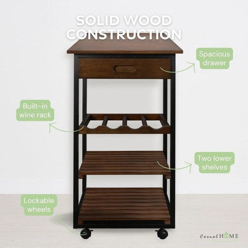 Carrello da Cucina/Servizio a 4 Ripiani in Legno Naturale con Portabottiglie e Cassetto – Montaggio 1 Persona
