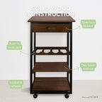 Carrello da Cucina/Servizio a 4 Ripiani in Legno Naturale con Portabottiglie e Cassetto – Montaggio 1 Persona
