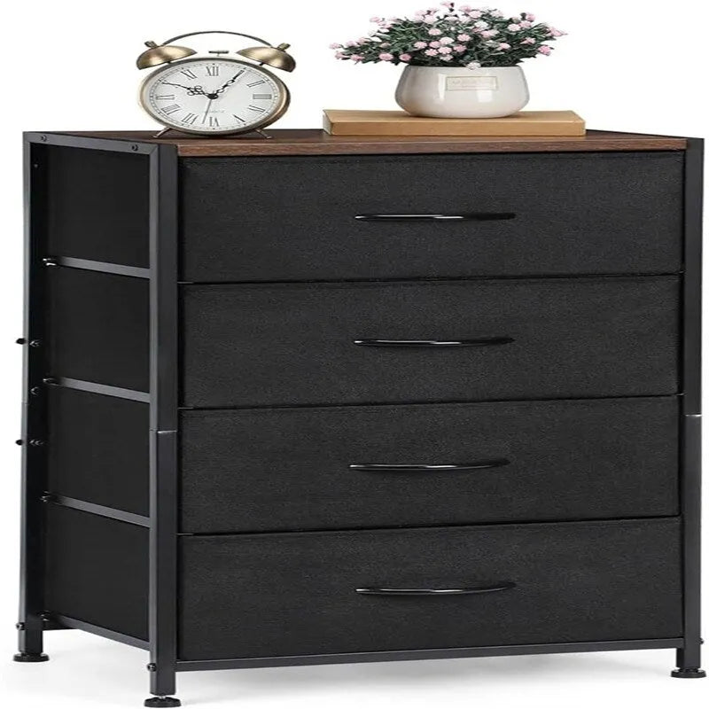 Comodino in tessuto a 4 cassetti, bianco / grigio chiaro / rovere nero / nero