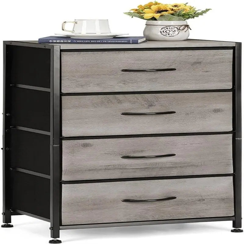Comodino in tessuto a 4 cassetti, bianco / grigio chiaro / rovere nero / nero