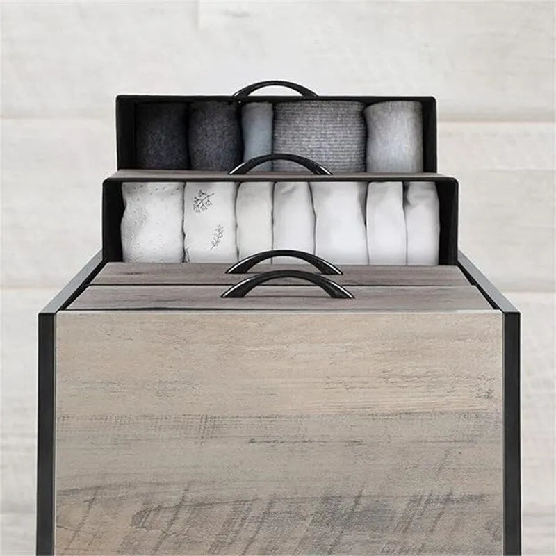 Comodino in tessuto a 4 cassetti, bianco / grigio chiaro / rovere nero / nero