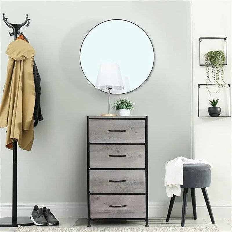 Comodino in tessuto a 4 cassetti, bianco / grigio chiaro / rovere nero / nero