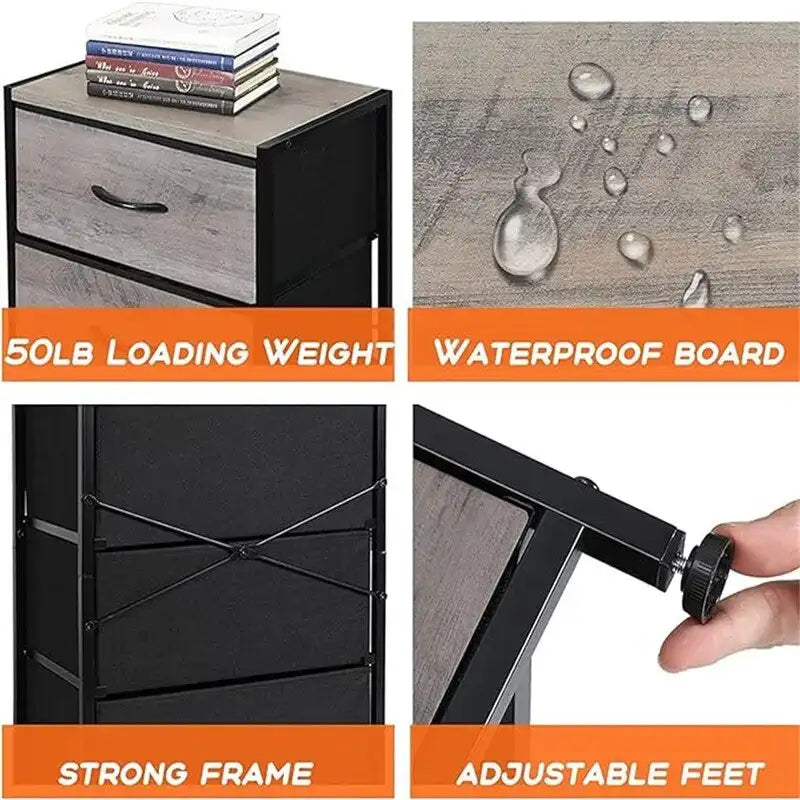 Comodino in tessuto a 4 cassetti, bianco / grigio chiaro / rovere nero / nero