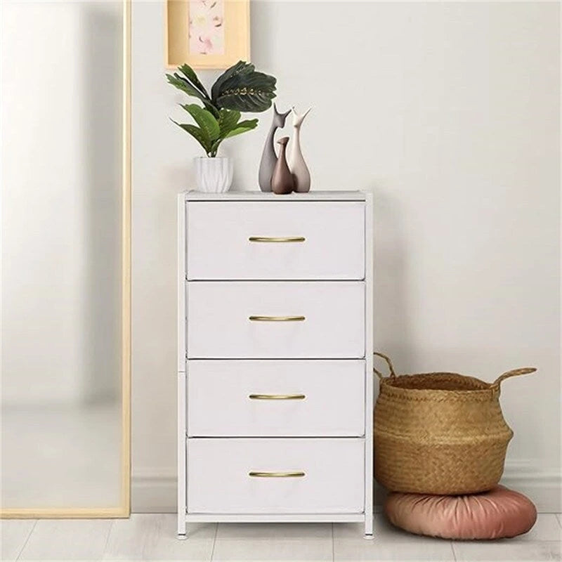 Comodino in tessuto a 4 cassetti, bianco / grigio chiaro / rovere nero / nero