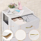 Comodino in tessuto a 4 cassetti, bianco / grigio chiaro / rovere nero / nero
