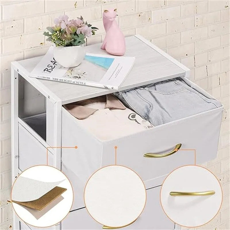 Comodino in tessuto a 4 cassetti, bianco / grigio chiaro / rovere nero / nero