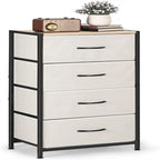 Comodino in tessuto a 4 cassetti, bianco / grigio chiaro / rovere nero / nero