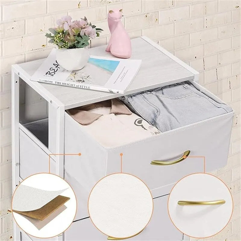 Comodino in tessuto a 4 cassetti, bianco / grigio chiaro / rovere nero / nero