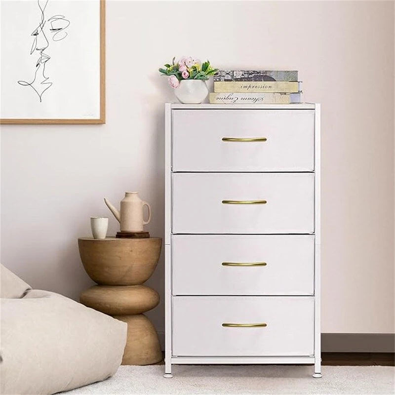 Comodino in tessuto a 4 cassetti, bianco / grigio chiaro / rovere nero / nero