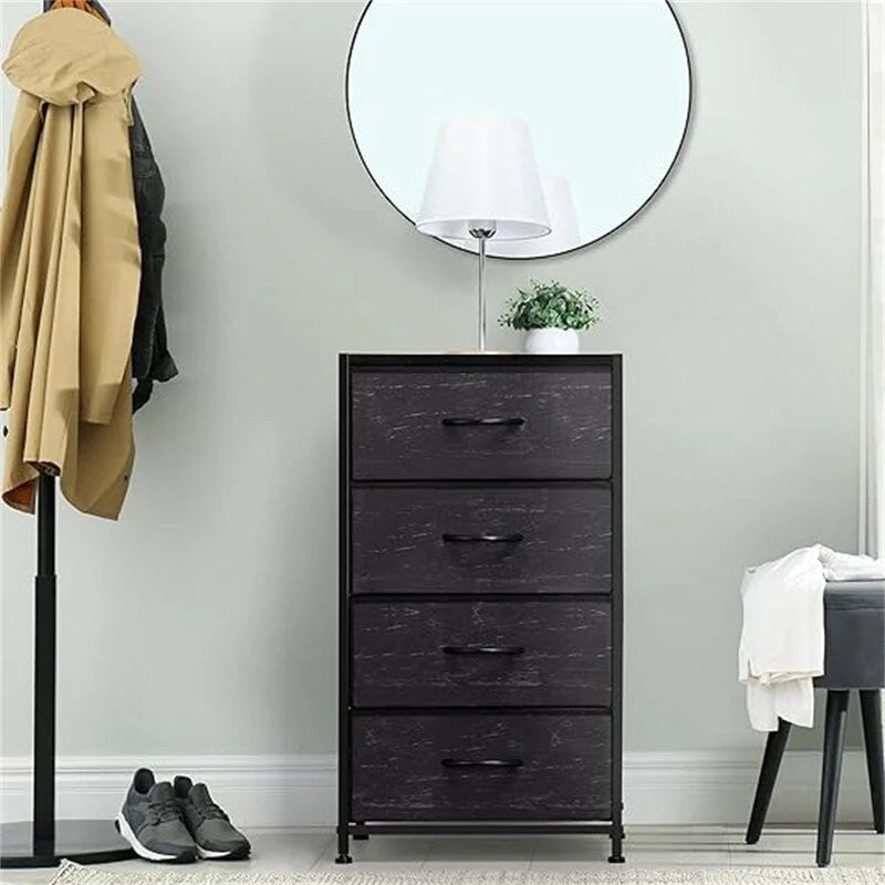 Comodino in tessuto a 4 cassetti, bianco / grigio chiaro / rovere nero / nero