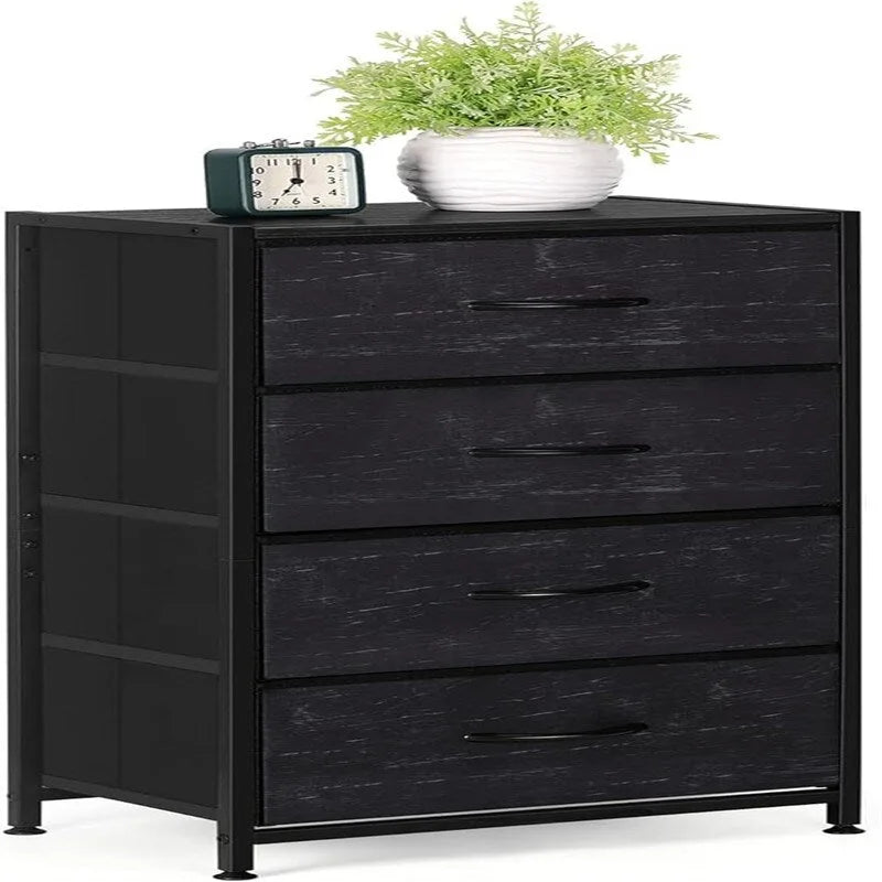 Comodino in tessuto a 4 cassetti, bianco / grigio chiaro / rovere nero / nero