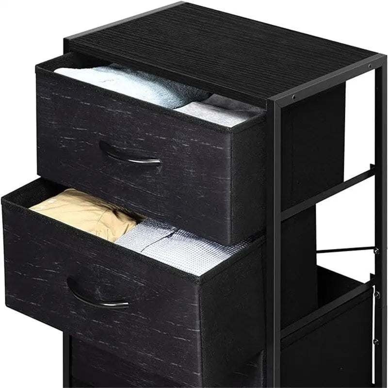 Comodino in tessuto a 4 cassetti, bianco / grigio chiaro / rovere nero / nero