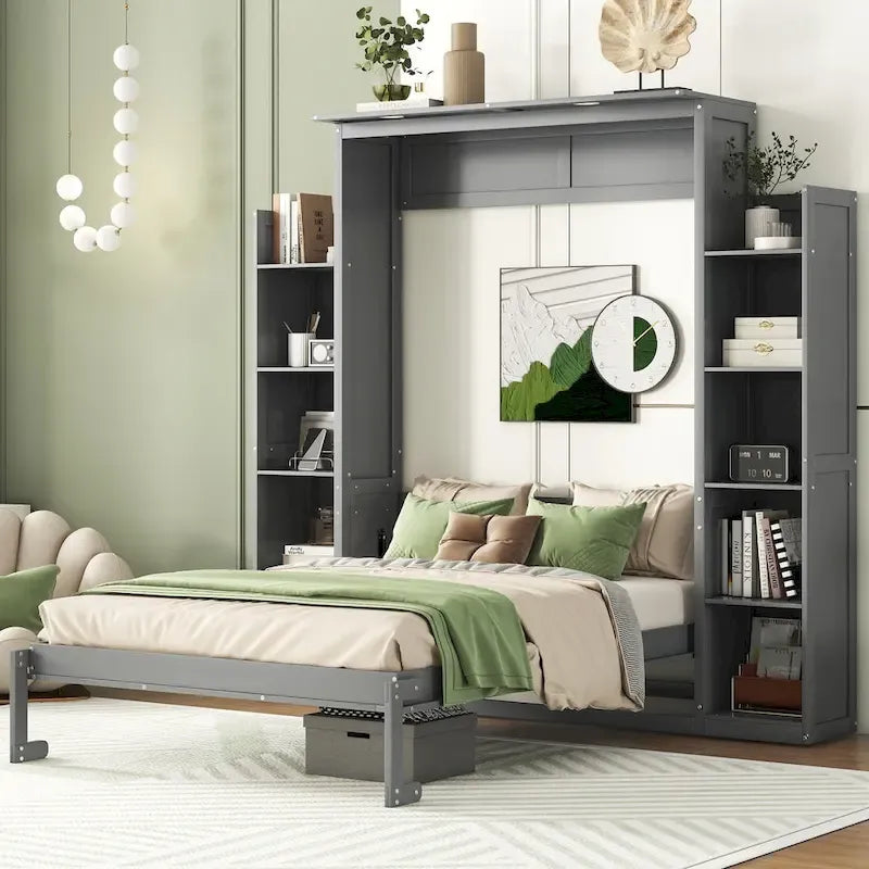 Letto a scomparsa matrimoniale/matrimoniale alla francese bianco/grigio con mensole e luci a LED, 1 posto
