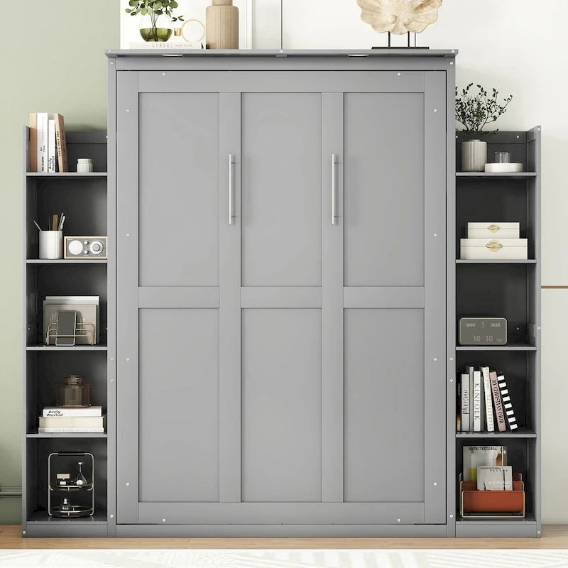 Letto a scomparsa matrimoniale/matrimoniale alla francese bianco/grigio con mensole e luci a LED, 1 posto