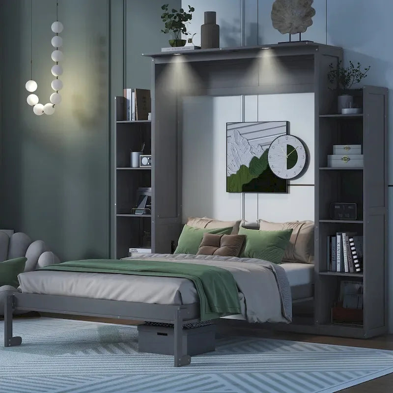 Letto a scomparsa matrimoniale/matrimoniale alla francese bianco/grigio con mensole e luci a LED, 1 posto