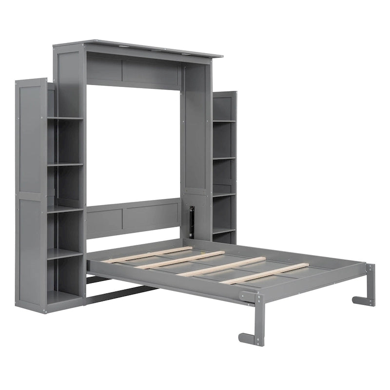 Letto a scomparsa matrimoniale/matrimoniale alla francese bianco/grigio con mensole e luci a LED, 1 posto