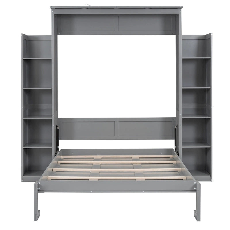 Letto a scomparsa matrimoniale/matrimoniale alla francese bianco/grigio con mensole e luci a LED, 1 posto