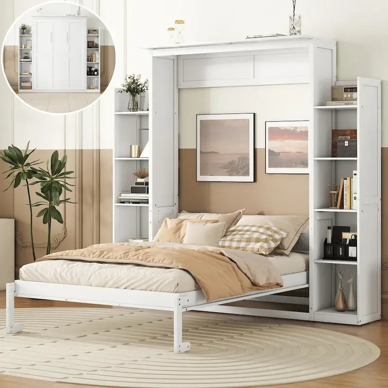 Letto a scomparsa matrimoniale/matrimoniale alla francese bianco/grigio con mensole e luci a LED, 1 posto