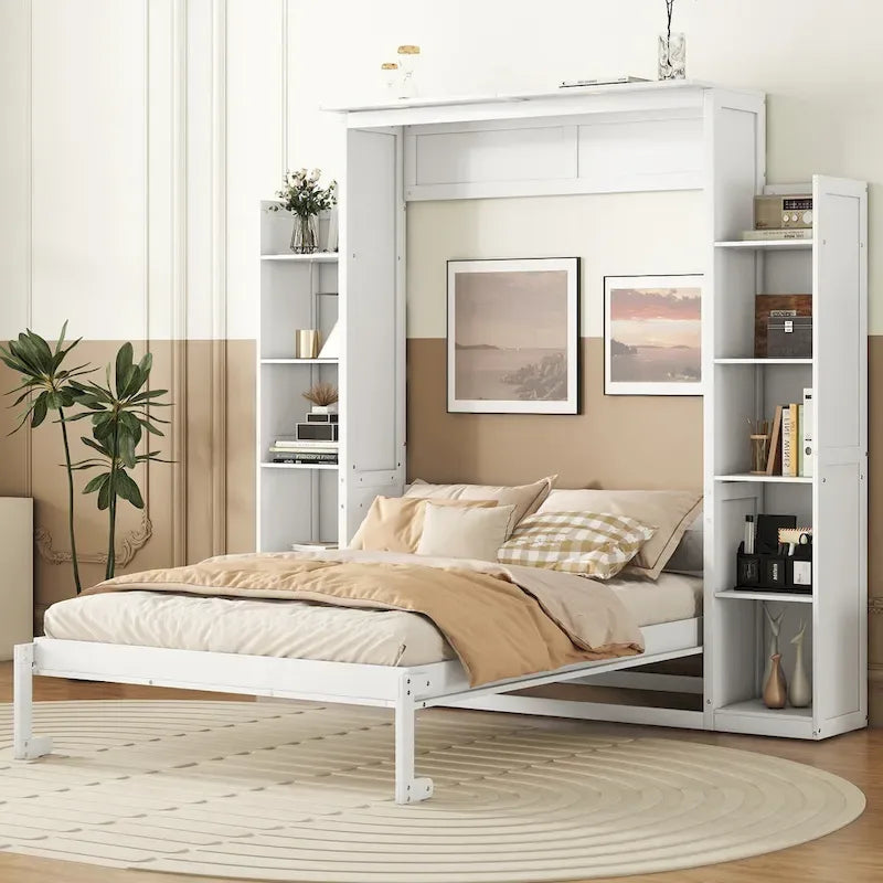 Letto a scomparsa matrimoniale/matrimoniale alla francese bianco/grigio con mensole e luci a LED, 1 posto