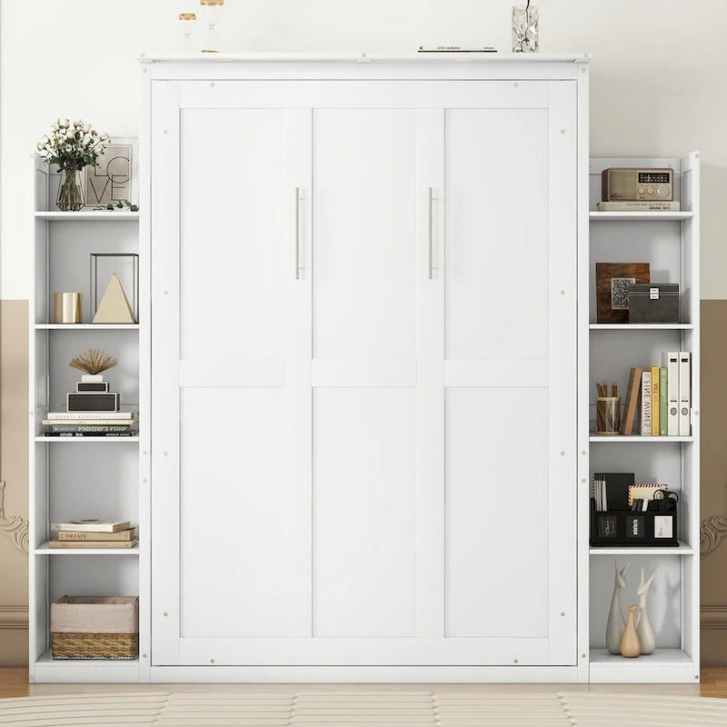Letto a scomparsa matrimoniale/matrimoniale alla francese bianco/grigio con mensole e luci a LED, 1 posto