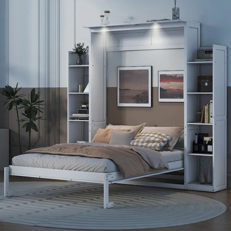 Letto a scomparsa matrimoniale/matrimoniale alla francese bianco/grigio con mensole e luci a LED, 1 posto
