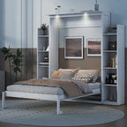 Letto a scomparsa matrimoniale/matrimoniale alla francese bianco/grigio con mensole e luci a LED, 1 posto