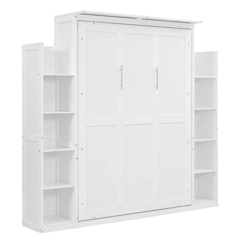 Letto a scomparsa matrimoniale/matrimoniale alla francese bianco/grigio con mensole e luci a LED, 1 posto