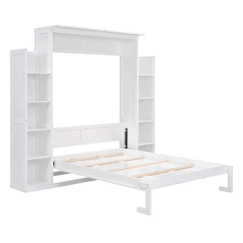 Letto a scomparsa matrimoniale/matrimoniale alla francese bianco/grigio con mensole e luci a LED, 1 posto