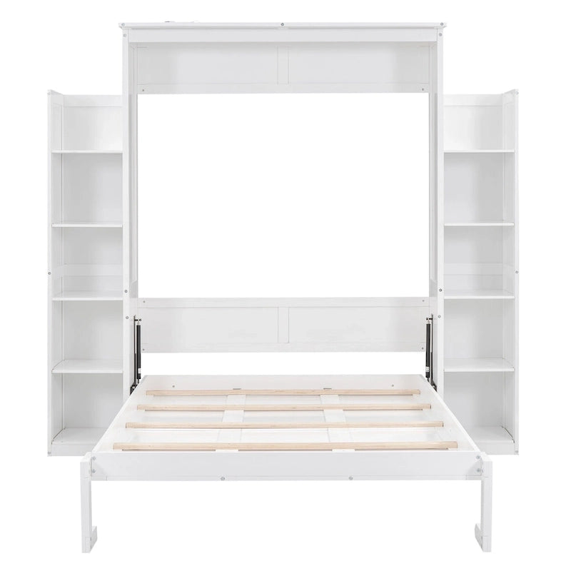 Letto a scomparsa matrimoniale/matrimoniale alla francese bianco/grigio con mensole e luci a LED, 1 posto