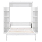 Letto a scomparsa matrimoniale/matrimoniale alla francese bianco/grigio con mensole e luci a LED, 1 posto