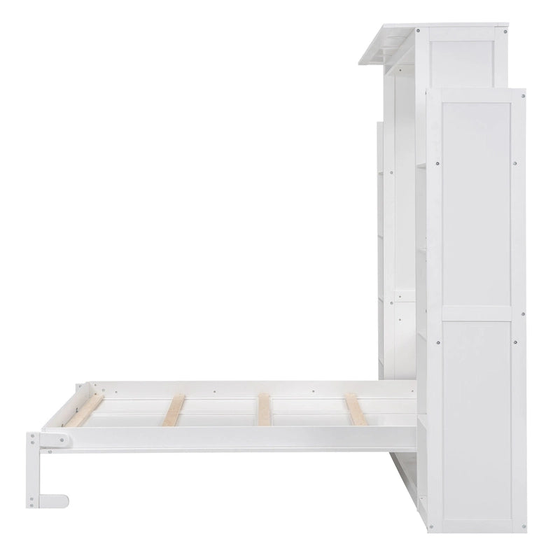 Letto a scomparsa matrimoniale/matrimoniale alla francese bianco/grigio con mensole e luci a LED, 1 posto