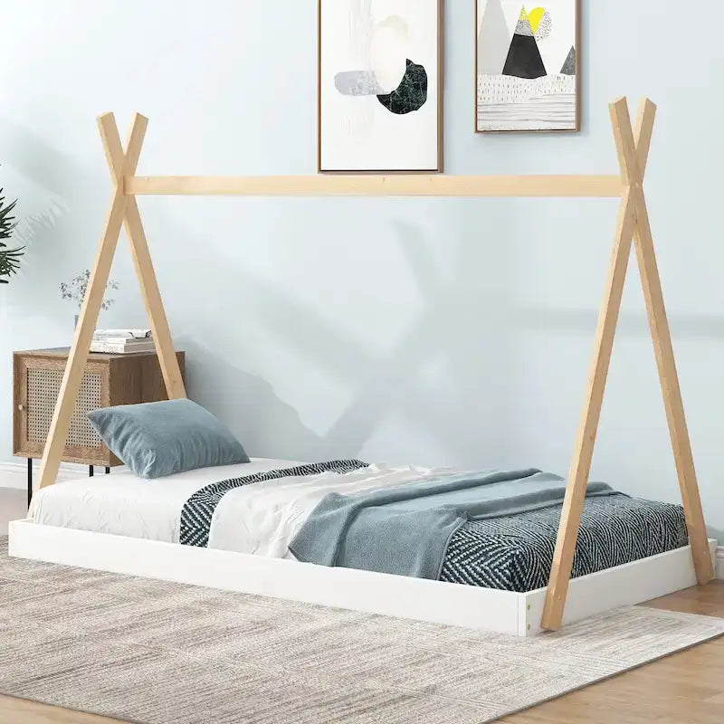 Letto a piattaforma a casetta Nero+Marrone / Bianco+Naturale, singolo, 1 bambino