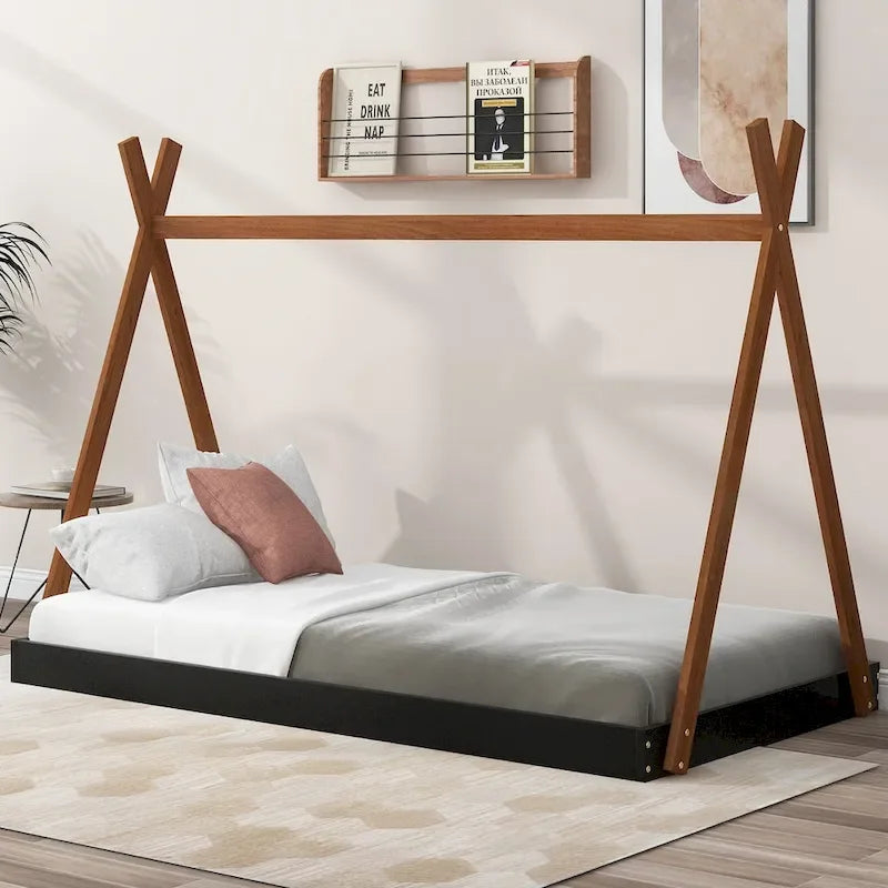 Letto a piattaforma a casetta Nero+Marrone / Bianco+Naturale, singolo, 1 bambino