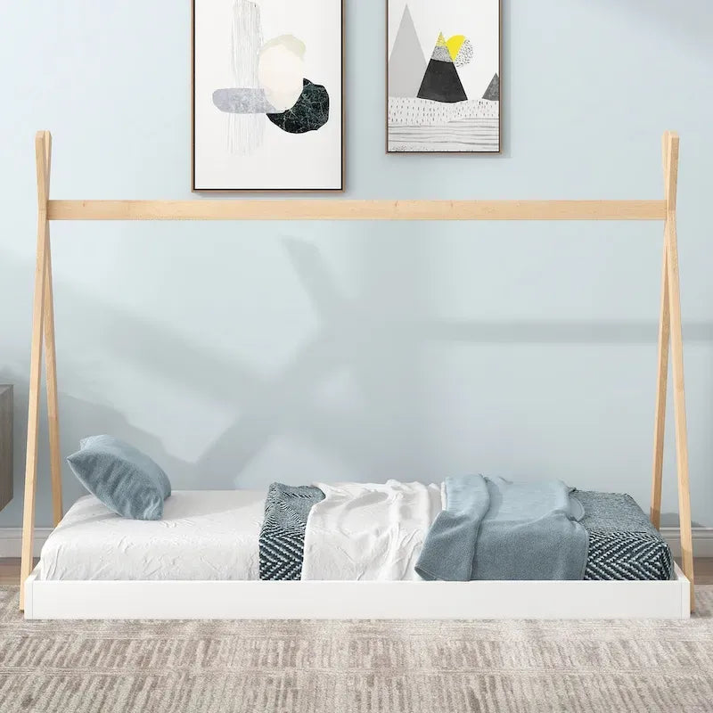 Letto a piattaforma a casetta Nero+Marrone / Bianco+Naturale, singolo, 1 bambino