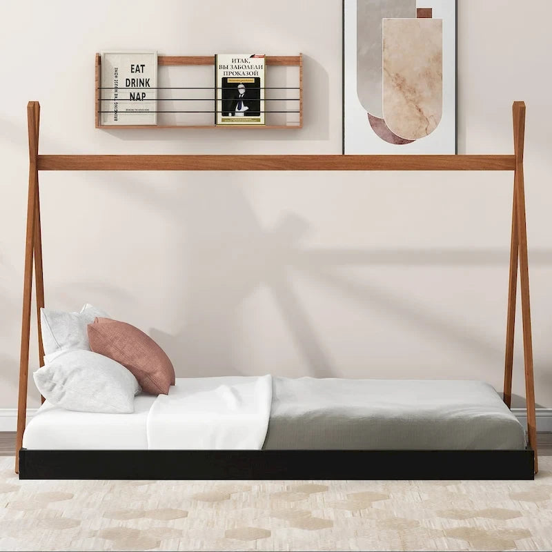 Letto a piattaforma a casetta Nero+Marrone / Bianco+Naturale, singolo, 1 bambino
