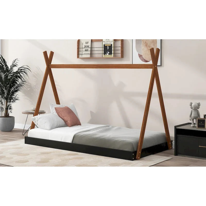 Letto a piattaforma a casetta Nero+Marrone / Bianco+Naturale, singolo, 1 bambino