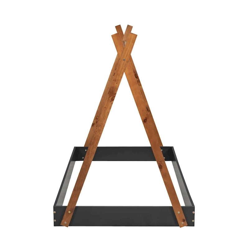 Letto a piattaforma a casetta Nero+Marrone / Bianco+Naturale, singolo, 1 bambino