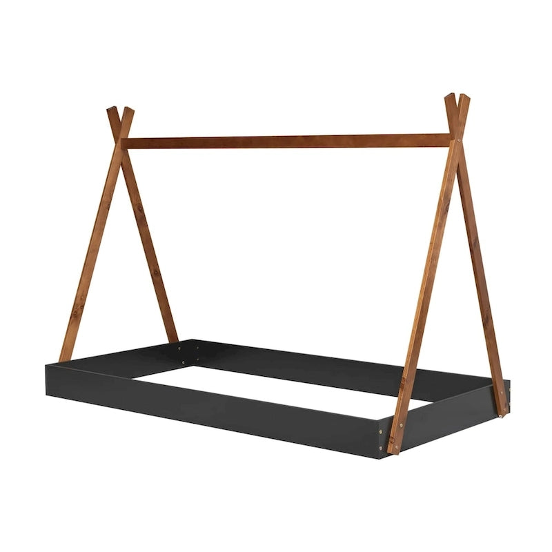 Letto a piattaforma a casetta Nero+Marrone / Bianco+Naturale, singolo, 1 bambino