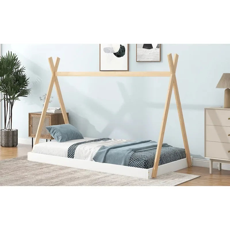 Letto a piattaforma a casetta Nero+Marrone / Bianco+Naturale, singolo, 1 bambino
