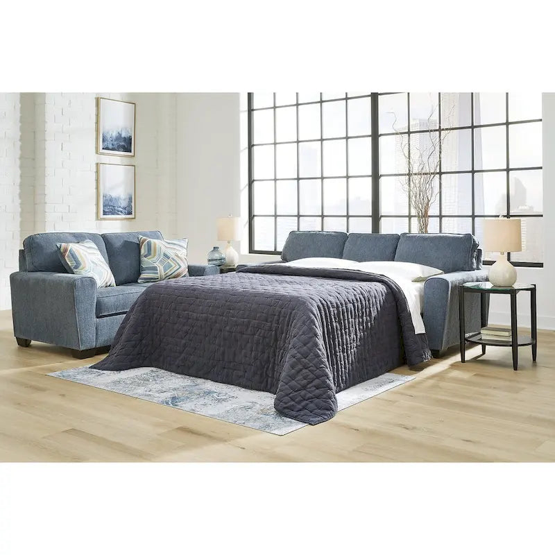 Divano letto matrimoniale Snow/Blue Crosshatch, 2 posti a sedere e 2 posti letto