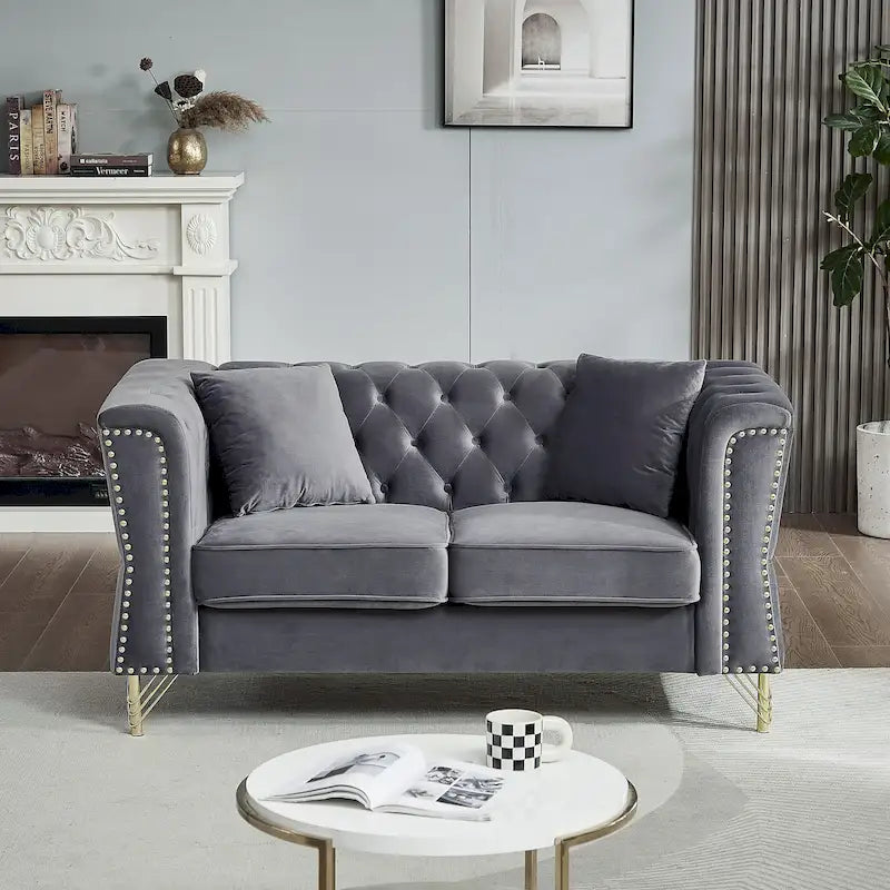 Divano Chesterfield 2 posti in velluto trapuntato Beige / Grigio / Nero