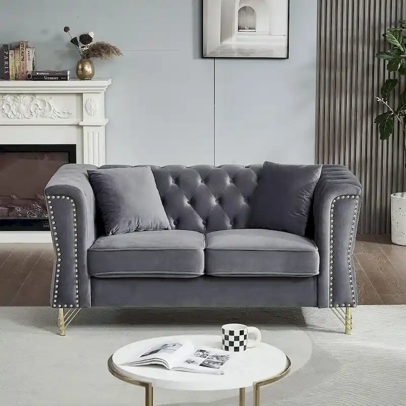 Divano Chesterfield 2 posti in velluto trapuntato Beige / Grigio / Nero