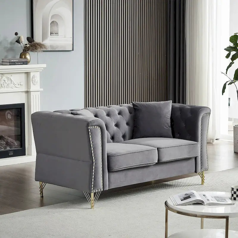 Divano Chesterfield 2 posti in velluto trapuntato Beige / Grigio / Nero