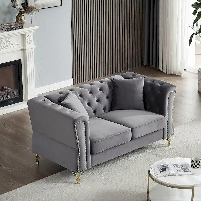 Divano Chesterfield 2 posti in velluto trapuntato Beige / Grigio / Nero