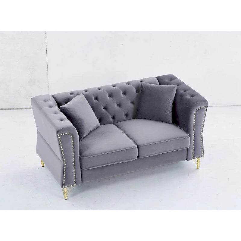 Divano Chesterfield 2 posti in velluto trapuntato Beige / Grigio / Nero