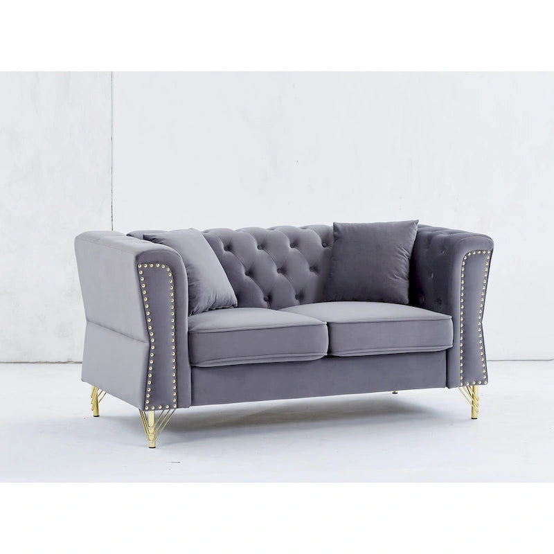 Divano Chesterfield 2 posti in velluto trapuntato Beige / Grigio / Nero