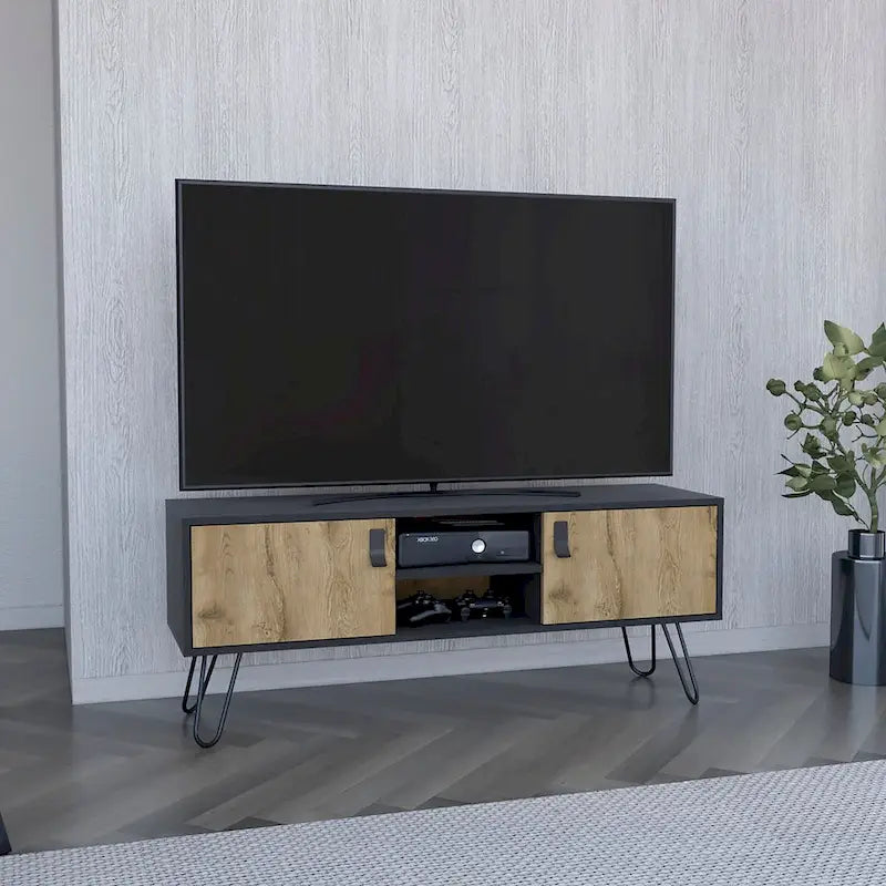 Mobile TV Bianco/Nero e Macadamia con 2 Cassetti e Ripiani a Giorno