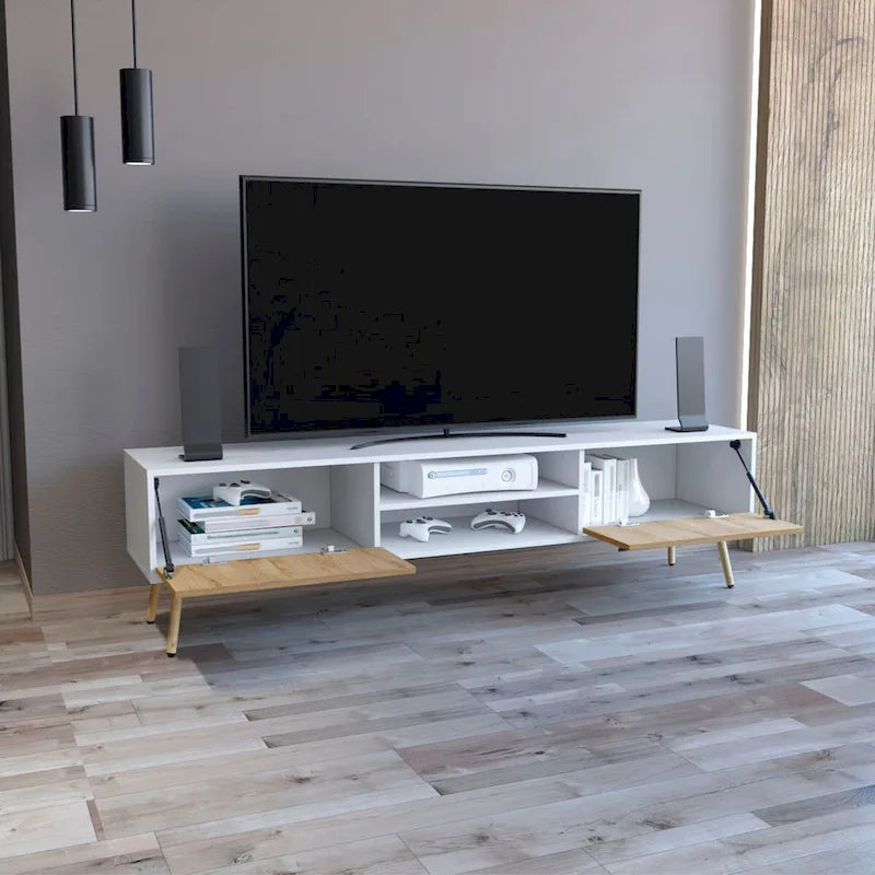 Mobile TV Bianco/Nero e Macadamia con 2 Cassetti e Ripiani a Giorno